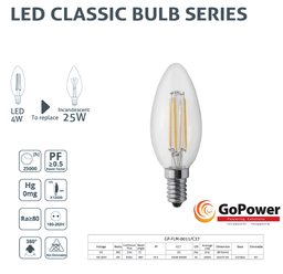[GP-FLM-0001-4-6500] GoPower Led Filament C35 E27 4W 6500K(white/blanche)