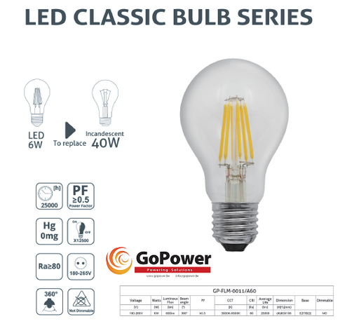[GP-FLM-0001-6-6500] GoPower Led Filament A60 E27 6W 6500K (white/blanche)